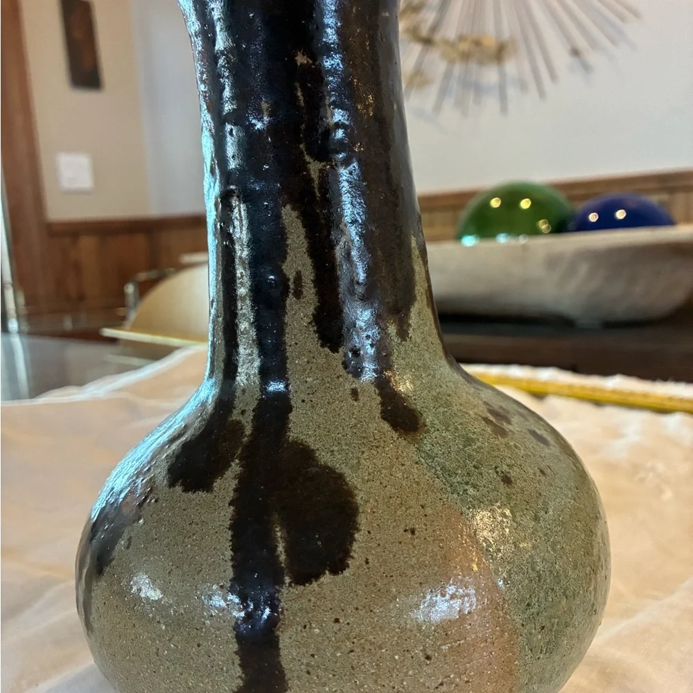 Ceramic Vase Vtg Brown Green Tan Drip Glaze Very Heavy 4.6LBS No Flaws Felt Feet
